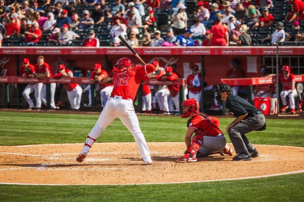 Los Angeles Angels batter at the plate during a spring training game at Tempe Diablo Stadium.